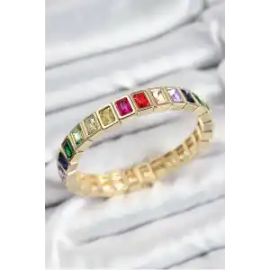 Pirinç Karışık Zirkon Taşlı Dikdörtgen Model Gold Renk Lastikli Kadın Bileklik