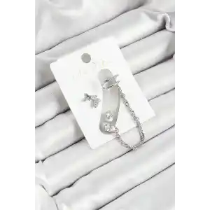 Pirinç Kelebek Figürlü Zirkon Taşlı Gümüş Renk 3lü Kıkırdak Kadın Küpe Set