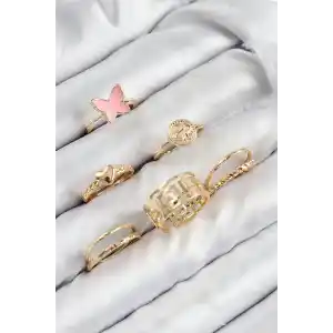 Pirinç Kelebek Ve Kalp Model Gold Renk Kadın Yüzük Kombin Set
