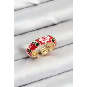Pirinç Kırmızı Mineli Çiçek Motifli Gold Renk Ayarlanabilir Kadın Yüzük