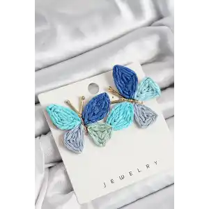 Pirinç Mavi Kelebek Model Gold Renk Kadın Hasır Küpe