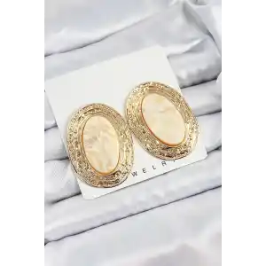 Pirinç Mermer Desenlli Bej Sedef Oval Vintage Model Gold Renk Kadın Küpe