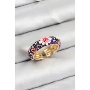 Pirinç Mor Mineli Çiçek Motifli Gold Renk Ayarlanabilir Kadın Yüzük