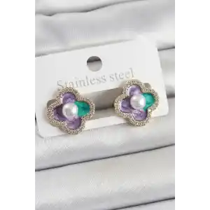 Pirinç Mor Mineli İnci Detaylı Zirkon Taşlı Sanatsal Portre Yonca Model Gold Renk Kadın Küpe