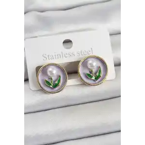 Pirinç Mor Mineli Lale Figürlü Sanatsal Portre Model Gold Renk Kadın Küpe