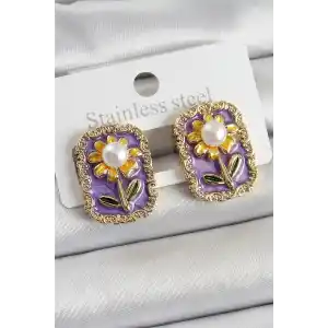 Pirinç Mor Mineli Papatya Figürlü Sanatsal Portre Model Gold Renk Kadın Küpe