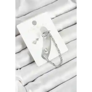 Pirinç Ok Figürlü Zirkon Taşlı Gümüş Renk 3lü Kıkırdak Kadın Küpe Set