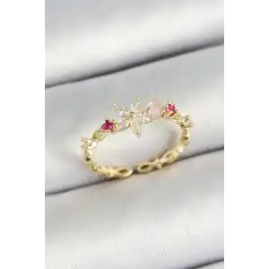 Pirinç Papatya Figürlü Zirkon Taşlı Gold Renk Ayarlanabilir Kadın Yüzük
