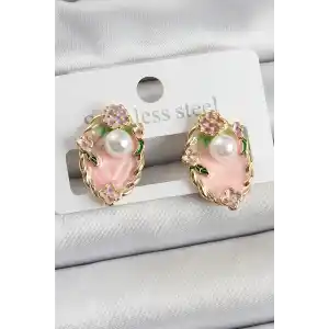 Pirinç Pembe Mineli İnci Detaylı Sanatsal Portre Model Gold Renk Kadın Küpe