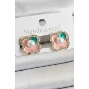 Pirinç Pembe Mineli İnci Detaylı Zirkon Taşlı Sanatsal Portre Yonca Model Gold Renk Kadın Küpe