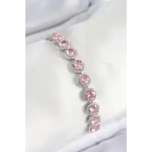 Pirinç Pembe Zirkon Taşlı Daire Baget Model Gümüş Renk VIP Seri Kadın Bileklik