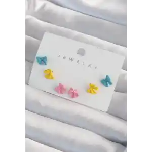 Pirinç Rengarenk Mineli Minimal Fiyonk Küpe Seti