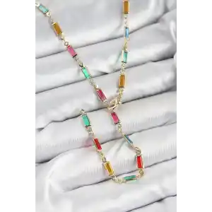 Pirinç Renkli Zirkon Taşlı Dikdörtgen Model Gold Renk Kadın Y Kolye
