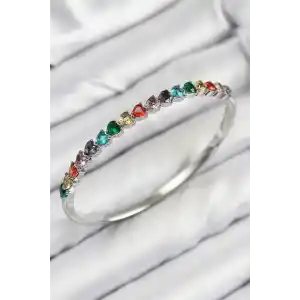 Pirinç Renkli Zirkon Taşlı Kalp Model Gümüş Renk Kadın Kelepçe