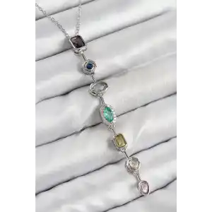 Pirinç Renkli Zirkon Taşlı Model Gümüş Renk 7 Element Kadın Y Kolye