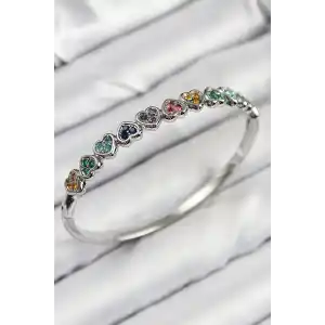 Pirinç Renkli Zirkon Taşlı Sıralı Kalp Model Gümüş Renk Kadın Kelepçe