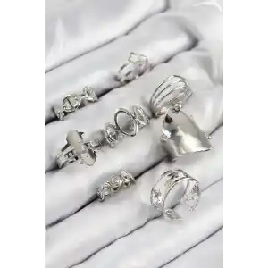 Pirinç Sarmal Ve Yıldız Model Gümüş Renk Kadın Yüzük Kombin Set