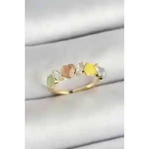 Pirinç Sıralı Kalp Figürlü Zirkon Taşlı Gold Renk Ayarlanabilir Kadın Yüzük