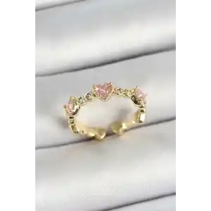 Pirinç Sıralı Kalp Figürlü Zirkon Taşlı Gold Renk Ayarlanabilir Kadın Yüzük
