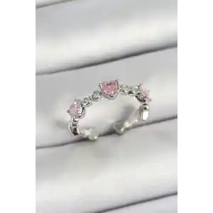 Pirinç Sıralı Kalp Figürlü Zirkon Taşlı Gümüş Renk Ayarlanabilir Kadın Yüzük