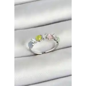 Pirinç Sıralı Kalp Figürlü Zirkon Taşlı Gümüş Renk Ayarlanabilir Kadın Yüzük