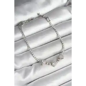 Pirinç Sıralı Kalp Figürlü Zirkon Taşlı Gümüş Renk Kadın Bileklik