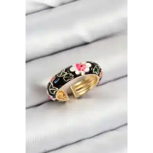Pirinç Siyah Mineli Çiçek Motifli Gold Renk Ayarlanabilir Kadın Yüzük