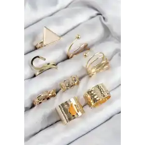 Pirinç Üçgen Model Gold Renk Kadın Yüzük Kombin Set