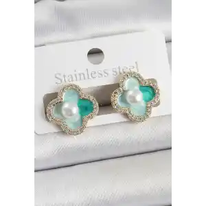 Pirinç Yeşil Mineli İnci Detaylı Zirkon Taşlı Sanatsal Portre Yonca Model Gold Renk Kadın Küpe