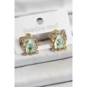 Pirinç Yeşil Mineli Sanatsal Portre Model Gold Renk Kadın Küpe