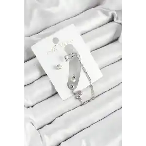 Pirinç Yılan Figürlü Zirkon Taşlı Gümüş Renk 3lü Kıkırdak Kadın Küpe Set