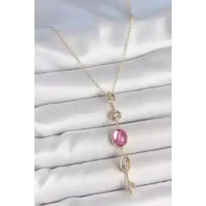 Pirinç Zincir Gold Renk Pembe Zirkon Taşlı Y Kolye