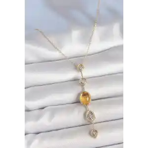 Pirinç Zincir Kehribar Sarı Gold Renk  Zirkon Taşlı Y Kolye