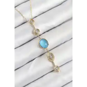 Pirinç Zincir Mavi Gold Renk Zirkon Taşlı Y Kolye