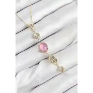 Pirinç Zincir Pembe Gold Renk Zirkon Taşlı Y Kolye
