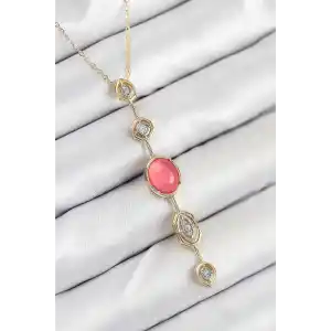 Pirinç Zincir Pembe Gold Renk Zirkon Taşlı Y Kolye