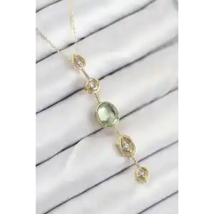 Pirinç Zincir Yeşil Gold Renk Zirkon Taşlı Y Kolye