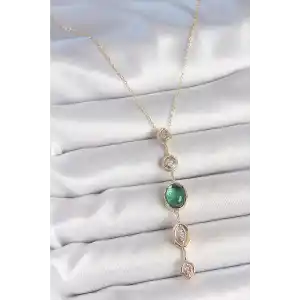 Pirinç Zincir Zümrüt Yeşil Gold Renk Zirkon Taşlı Y Kolye