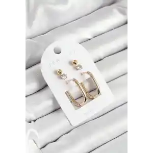 Pirinç Zirkon Taş Ve Dikdörtgen Figürlü Gold Renk 3lü Çift Kadın Küpe Set