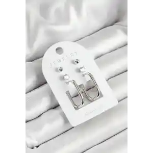 Pirinç Zirkon Taş Ve Dikdörtgen Figürlü Gümüş Renk 3lü Çift Kadın Küpe Set