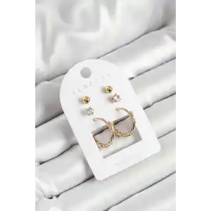 Pirinç Zirkon Taş Ve Halka Figürlü Gold Renk 3lü Çift Kadın Küpe Set