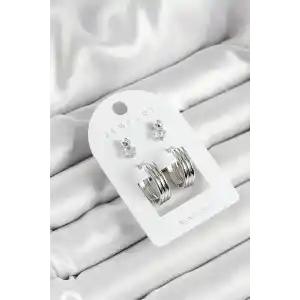 Pirinç Zirkon Taş Ve Halka Figürlü Gümüş Renk 3lü Çift Kadın Küpe Set