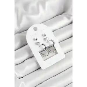 Pirinç Zirkon Taş Ve Kalp Figürlü Gümüş Renk 3lü Çift Kadın Küpe Set