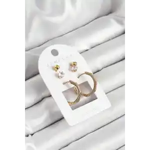 Pirinç Zirkon Taş Ve Kemik Halka Figürlü Gold Renk 3lü Çift Kadın Küpe Set