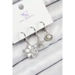 Pirinç Zirkon Taşlı 3lü Çiçek Ve İstiridye Model Gümüş Renk Kadın Küpe