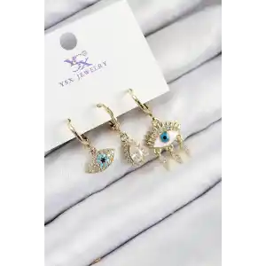 Pirinç Zirkon Taşlı 3lü Fatmanın Gözü Model Gold Renk Kadın Küpe