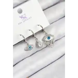 Pirinç Zirkon Taşlı 3lü Fatmanın Gözü Model Gümüş Renk Kadın Küpe