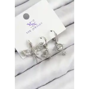 Pirinç Zirkon Taşlı 3lü Kuş Model Gümüş Renk Kadın Küpe
