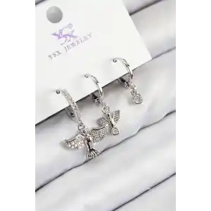 Pirinç Zirkon Taşlı 3lü Kuş Model Gümüş Renk Kadın Küpe