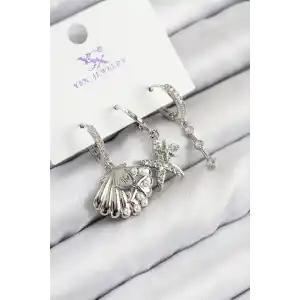 Pirinç Zirkon Taşlı 3lü Yıldız Ve İstiridye Model Gümüş Renk Kadın Küpe